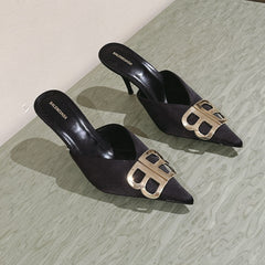 POINTED BB GOLD BUCKLE HIGH MULES IN BLACK SILK