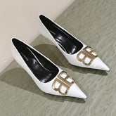 POINTED BB GOLD BUCKLE HIGH PUMPS 85MM IN WHITE PATENT CALFSKIN