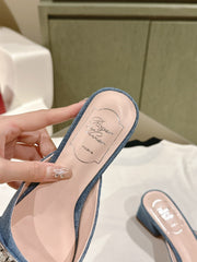 CRYSTAL HEEL MULE IN BLUE DENIM WITH EMBELLISHED BUCKLE