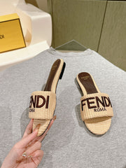 FENDI SIGNATURE MULE SLIDES IN BEIGE FIBRE WITH BROWN EMBROIDERED LOGO