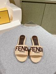 FENDI SIGNATURE MULE SLIDES IN BEIGE FIBRE WITH BROWN EMBROIDERED LOGO