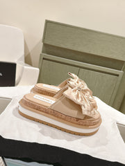 CC SLIPPERS WITH SILK BOW IN BEIGE ALMOND COWHIDE