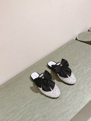 CC JEWELED MULE WITH SILK BLACK BOW IN WHITE LAMBSKIN