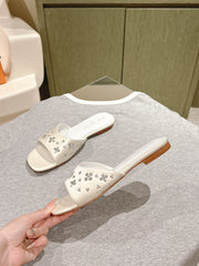 LV WOMEN FLAT MULE IN WHITE SATIN WITH RHINESTONE
