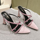 HIGH HEEL MULE 10 CM IN BABY PINK SATIN WITH RHINESTONES