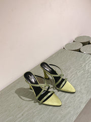 HIGH HEEL MULE 10 CM IN OLIVE GREEN SATIN WITH RHINESTONES