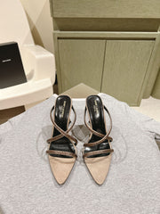 HIGH HEEL MULE 10 CM IN CAMEL BEIGE SATIN WITH RHINESTONES