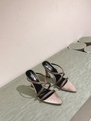 HIGH HEEL MULE 10 CM IN CAMEL BEIGE SATIN WITH RHINESTONES