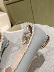 BALLERINAS MARY JANE IN GRAY SUEDE WITH PEARL TRIM
