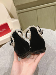 BALLERINAS MARY JANE IN BLACK SUEDE WITH PEARL TRIM