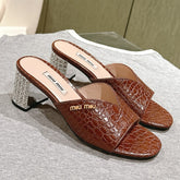 JEWELLED HEEL 55 MULE SANDALS IN RUSET BROWN CALFSKIN