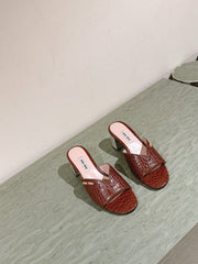 JEWELLED HEEL 55 MULE SANDALS IN RUSET BROWN CALFSKIN