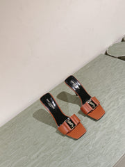 YSL 25S SQUARE-TOE HIGH-HEEL SANDALS 100 MM IN BURNT ORANGE BROWN LAMBSKIN WITH GOLD HARDWARE