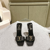 YSL 25S SQUARE-TOE HIGH-HEEL SANDALS 100 MM IN BLACK LAMBSKIN WITH GOLD HARDWARE