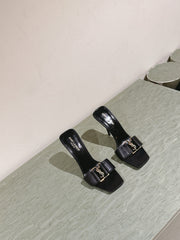 YSL 25S SQUARE-TOE HIGH-HEEL SANDALS 100 MM IN BLACK LAMBSKIN WITH GOLD HARDWARE