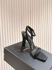 YSL 25S HIGH-HEEL SANDALS 100 MM IN BLACK SATIN