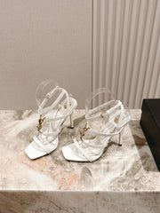 YSL 25S STILETTO HIGH-HEEL SANDALS 100 MM IN WHITE LAMBSKIN WITH GOLD HARDWARE