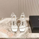 YSL 25S STILETTO HIGH-HEEL SANDALS 100 MM IN WHITE LAMBSKIN WITH GOLD HARDWARE