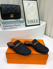 IENA MULE BLACK CANVAS AND BROWN CALFSKIN