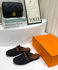 IENA MULE BLACK CANVAS AND BROWN CALFSKIN