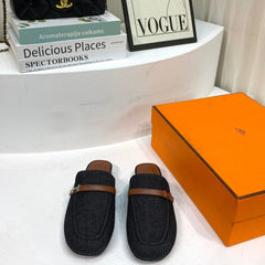 IENA MULE BLACK CANVAS AND BROWN CALFSKIN