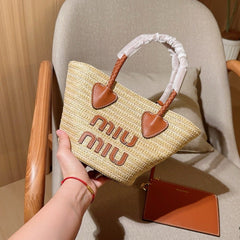 PALMETTO TOTE BAG 18 IN BEIGE WOVEN RAFFIA BROWN CALFSKIN TRIM