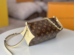 BLOOM POUCH 22 IN BROWN MONOGRAM CANVAS AND PASTEL YELLOW CALFSKIN SIDES