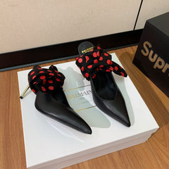 BALMAIN 25S BAKARI MULE WITH RED POLKA DOTS ON BLACK STRAP 95MM IN BLACK CALFSKIN