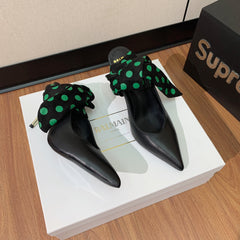 BALMAIN 25S BAKARI MULE WITH GREEN POLKA DOTS ON BLACK STRAP 95MM IN BLACK CALFSKIN
