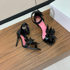 BALMAIN 25S RUBY BLACK HEELED SANDALS 95MM IN PATENT CALFSKIN
