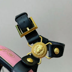 BALMAIN 25S HEELED EVA SANDALS 95MM IN BLACK AND PINK CALFSKIN