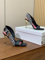 BALMAIN 25S JACQUARD KNIT SLINGBACK PUMPS 95MM IN BLACK AND PINK CALFSKIN