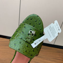 FLAT SLIPPERS IN DARK GREEN LAMBSKIN OSTRICH SKIN