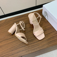 HIGH HEEL EMBROIDERED SANDAL IN LIGHT PINK CALFSKIN AND WOVEN STRAPS