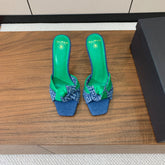 BALMAIN 25S HIGH HEEL MULES 95MM IN EMERALD GREEN DENIM AND CALFSKIN