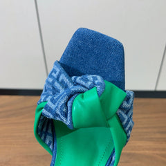 BALMAIN 25S HIGH HEEL MULES 95MM IN EMERALD GREEN DENIM AND CALFSKIN