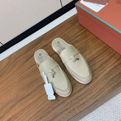 LP FLAT MULES 25S IN MOSS GRAY LAMBSKIN WITH SILVER HARDWARE