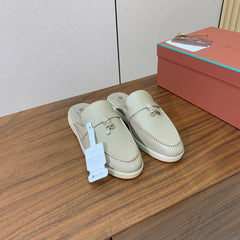 LP FLAT MULES 25S IN MOSS GRAY LAMBSKIN WITH SILVER HARDWARE