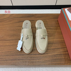 LP FLAT MULES 25S IN MOSS GRAY LAMBSKIN WITH SILVER HARDWARE