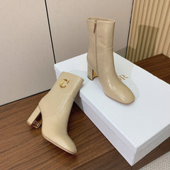 DIOR 25S ANKLE BOOTS 80 MM IN BEIGE CALFSKIN WITH GOLD HARDWARE