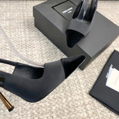 SL CAP-TOE SLINGBACKS BLACK SATIN AND VELVET