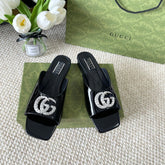 GG CRYSTAL SLIDES SANDAL BLACK CALFSKIN