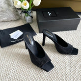 SL SEPT MULES BLACK SATIN AND RHINESTONES