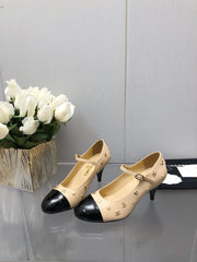 MARY JANE BEIGE CREAM MIX BLACK LAMBSKIN ATTACH METAL