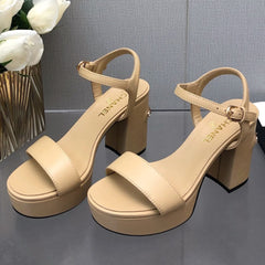 BLOCK HEEL 9 CM SANDAL IN SAND BROWN LAMBSKIN