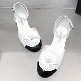 WHITE MIX BLACK LAMBSKIN CAMELLIA HOLLOW SANDAL