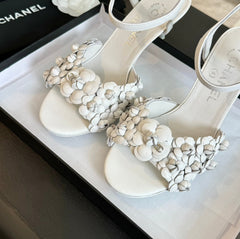 CC Little Camellia World Thin High Sandals White Lambskin