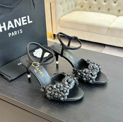 CC Little Camellia World Thin High Sandals Black Lambskin