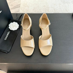 Platform Peep-Toe Sandals Beige Cream Lambskin