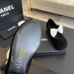 BALLET FLAT BLACK SUEDE LAMBSKIN WITH WHITE BOW